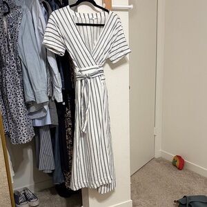 GAP White and Navy Striped Wrap Midi Dress